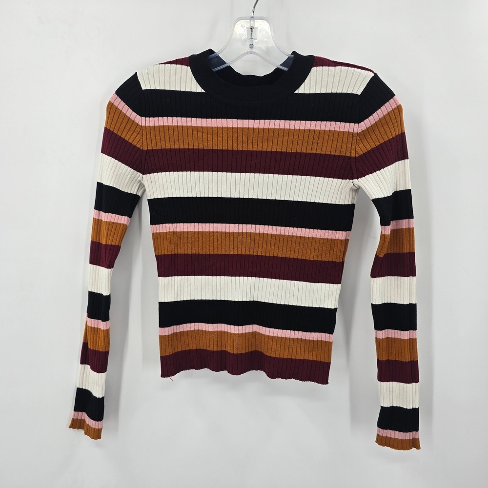 Women Multi Color Striped Ribbed Knit Crew Neck Long Sleeve Sweater Small